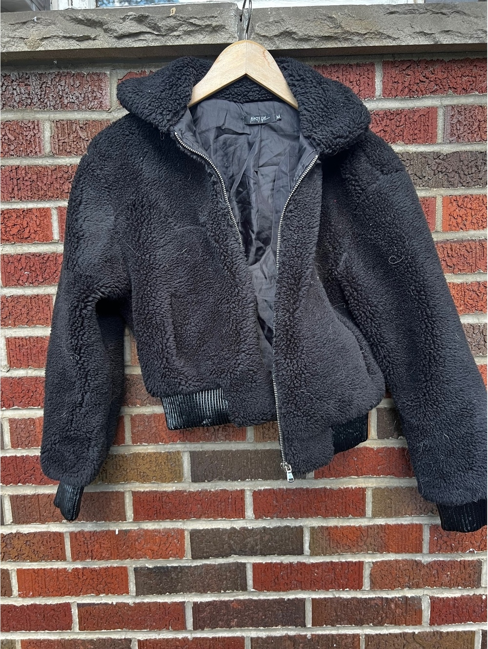 Nasty Gal Black Faux Sherpa Bomber Cropped Hooded Jacket